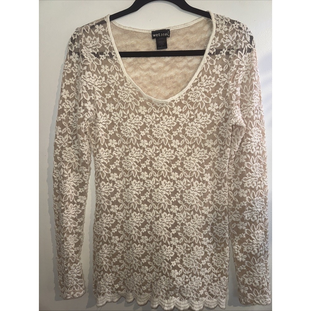 Vtg Y2k Wet Seal Sz M Cream Lace Long Sleeve Fitted Top Boho Fairy Grunge